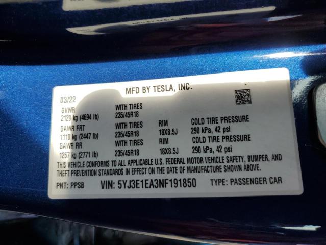 Продаж на аукціоні авто 2022 Tesla Model 3, vin: 5YJ3E1EA3NF191850, номер лоту: 52280693