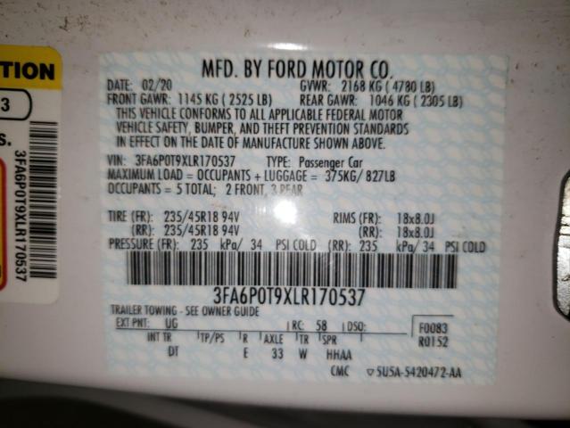 50798813 :رقم المزاد ، 3FA6P0T9XLR170537 vin ، 2020 Ford Fusion Se مزاد بيع