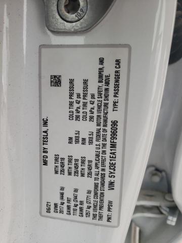 2021 Tesla Model 3 მანქანა იყიდება აუქციონზე, vin: 5YJ3E1EA1MF996096, აუქციონის ნომერი: 50970843