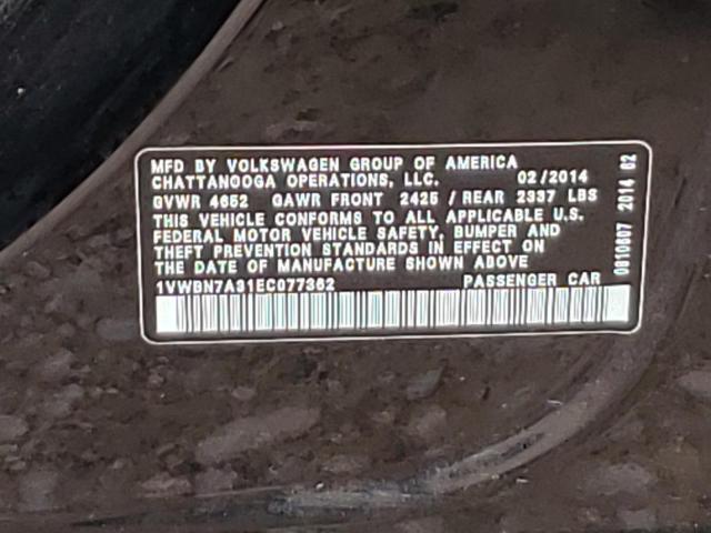 2014 Volkswagen Passat Se მანქანა იყიდება აუქციონზე, vin: 1VWBN7A31EC077362, აუქციონის ნომერი: 52375894