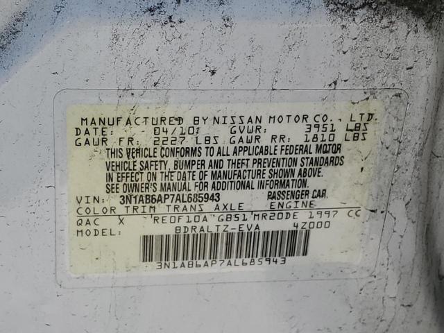 54439634 :رقم المزاد ، 3N1AB6AP7AL685943 vin ، 2010 Nissan Sentra 2.0 مزاد بيع