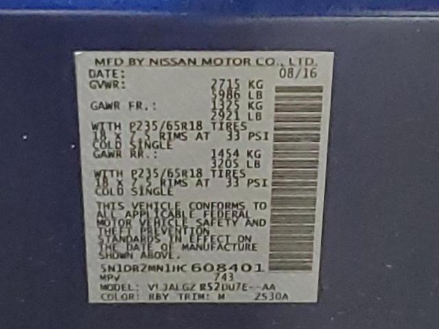 56401334 :رقم المزاد ، 5N1DR2MN1HC608401 vin ، 2017 Nissan Pathfinder S مزاد بيع