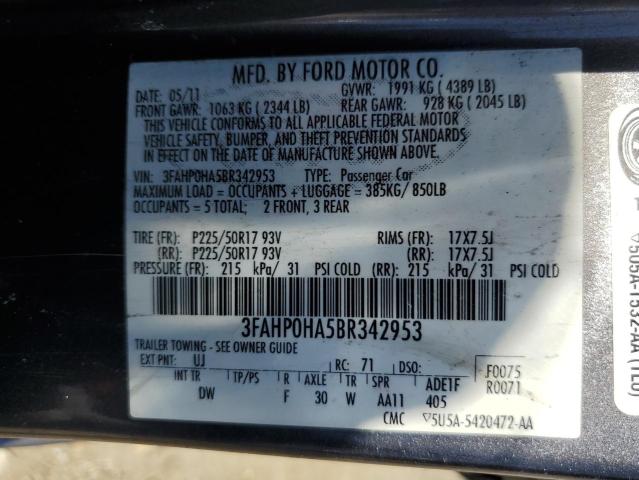 Продажа на аукционе авто 2011 Ford Fusion, vin: 3FAHP0HA5BR342953, номер лота: 53709254