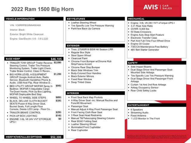 53952924 :رقم المزاد ، 1C6RRFBG9NN480468 vin ، 2022 Ram 1500 Big Horn/lone Star مزاد بيع