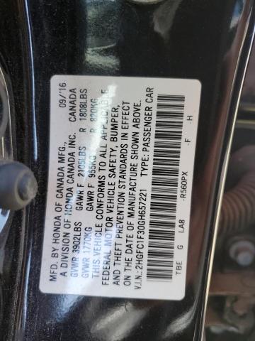 56229954 :رقم المزاد ، 2HGFC1F30GH657221 vin ، 2016 Honda Civic Ex مزاد بيع