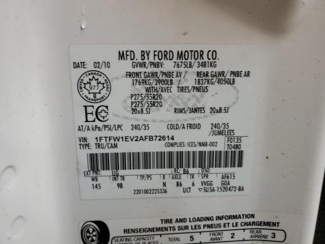 2010 Ford F150 Supercrew მანქანა იყიდება აუქციონზე, vin: 1FTFW1EV2AFB72614, აუქციონის ნომერი: 56035944