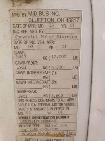 Продажа на аукционе авто 2001 Chevrolet Express Cutaway G3500, vin: 1GBJG31F611200451, номер лота: 43475974