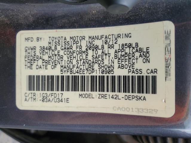 2013 Toyota Corolla Base მანქანა იყიდება აუქციონზე, vin: 5YFBU4EE7DP110905, აუქციონის ნომერი: 53455214