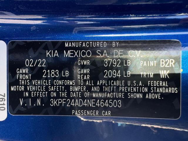 57675865 :رقم المزاد ، 3KPF24AD4NE464503 vin ، 2022 Kia Forte Fe مزاد بيع