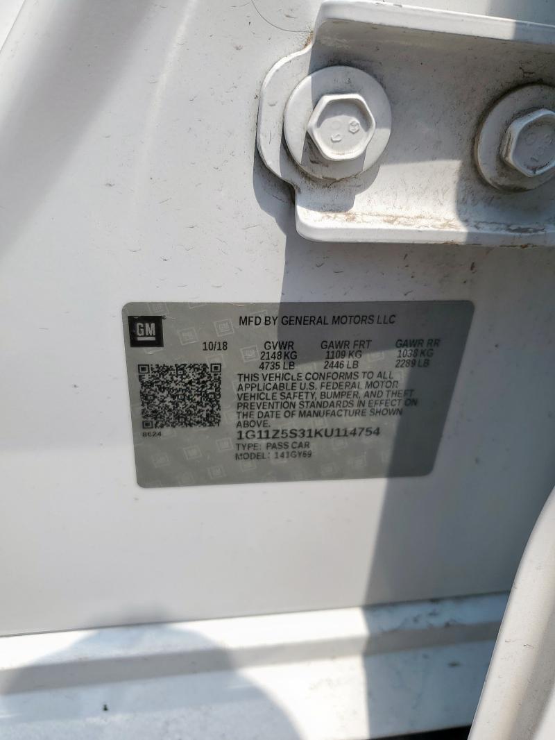 Aukcja sprzedaży 2019 Chevrolet Impala Lt, vin: 1G11Z5S31KU114754, numer aukcji: 58211535