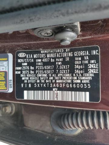 56355355 :رقم المزاد ، 5XYKT3A63FG660055 vin ، 2015 Kia Sorento Lx مزاد بيع
