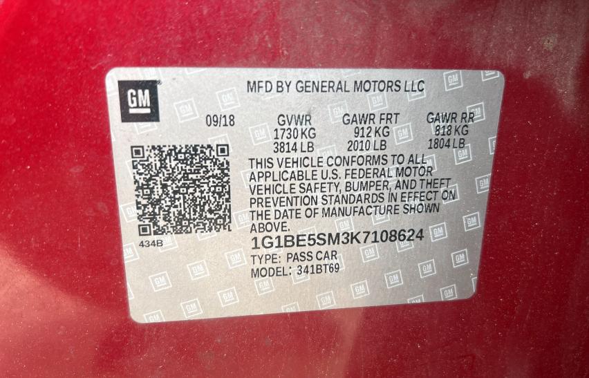 58969235 :رقم المزاد ، 1G1BE5SM3K7108624 vin ، 2019 Chevrolet Cruze Lt مزاد بيع