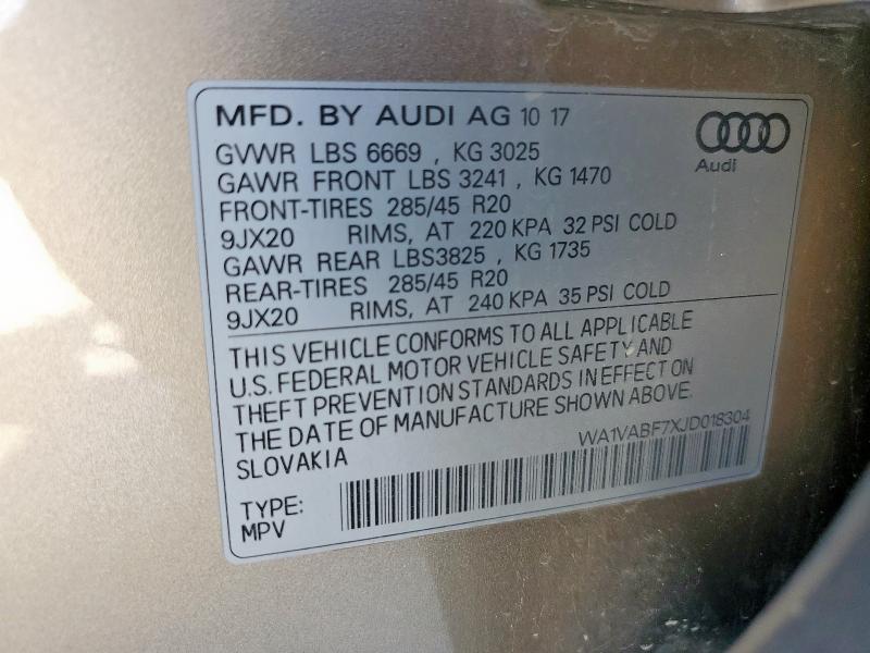 2018 Audi Q7 Prestig მანქანა იყიდება აუქციონზე, vin: WA1VABF7XJD018304, აუქციონის ნომერი: 56126055