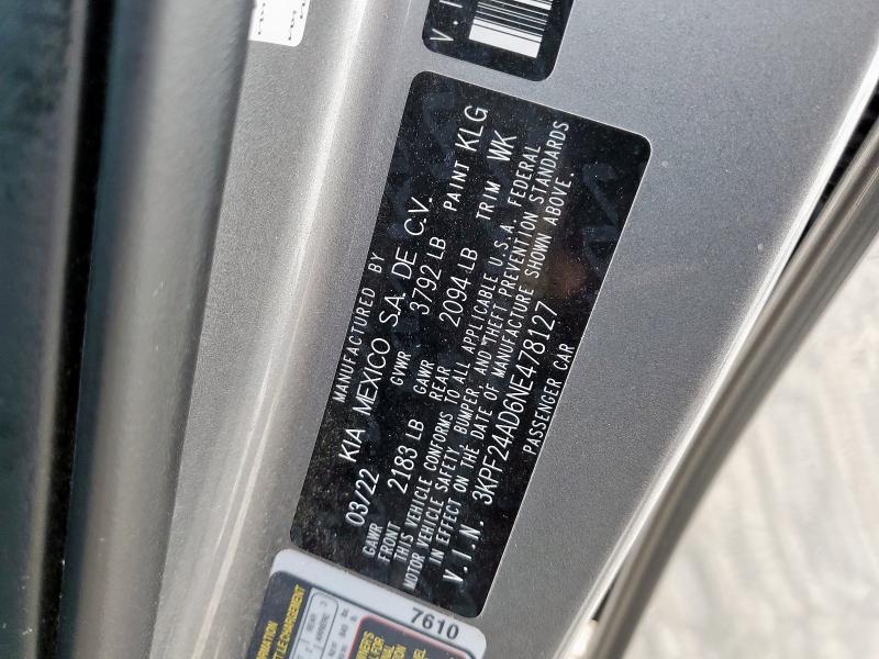 2022 Kia Forte მანქანა იყიდება აუქციონზე, vin: 3KPF24AD6NE478127, აუქციონის ნომერი: 57989695