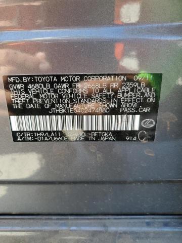 56656775 :رقم المزاد ، JTHBK1EG4C2474880 vin ، 2012 Lexus Es مزاد بيع
