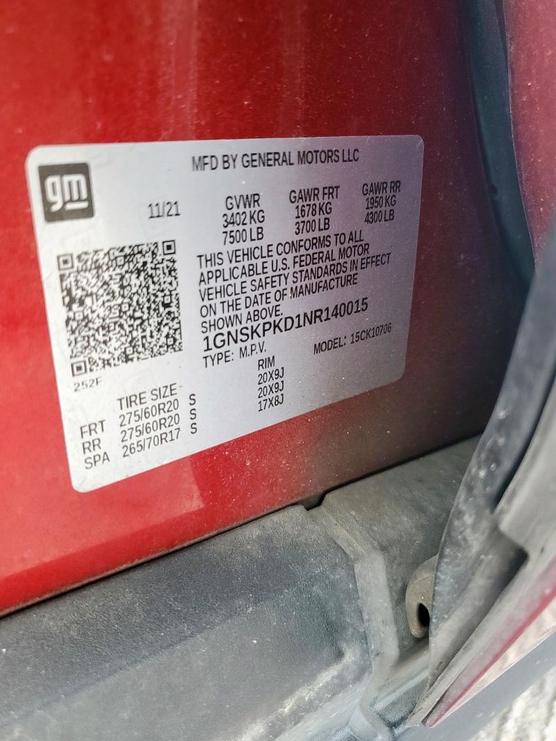 Продаж на аукціоні авто 2022 Chevrolet Tahoe K150, vin: 1GNSKPKD1NR140015, номер лоту: 51675065
