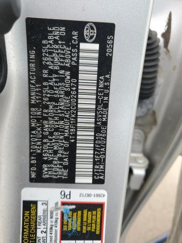 2012 Toyota Camry Base მანქანა იყიდება აუქციონზე, vin: 4T1BF1FK2CU026470, აუქციონის ნომერი: 56111875