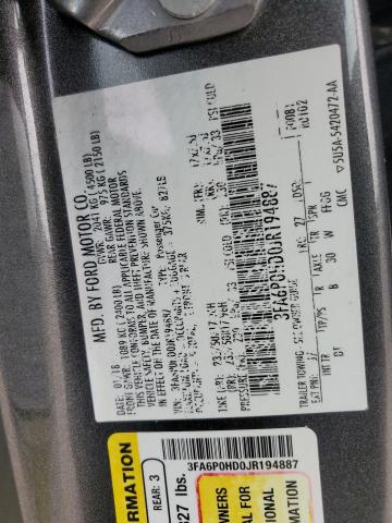 2018 Ford Fusion Se მანქანა იყიდება აუქციონზე, vin: 3FA6P0HD0JR194887, აუქციონის ნომერი: 55656255