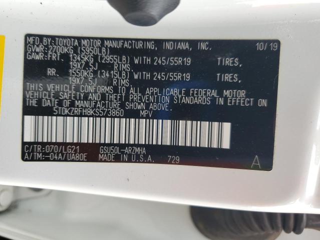 2019 Toyota Highlander მანქანა იყიდება აუქციონზე, vin: 5TDKZRFH8KS573860, აუქციონის ნომერი: 57163425