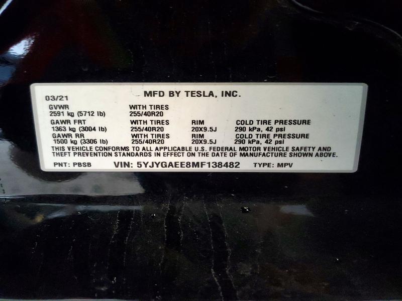 52859356 :رقم المزاد ، 5YJYGAEE8MF138482 vin ، 2021 Tesla Model Y مزاد بيع