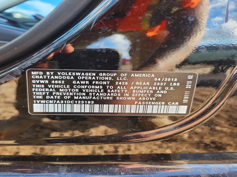2013 Volkswagen Passat მანქანა იყიდება აუქციონზე, vin: 1VWCN7A31DC123193, აუქციონის ნომერი: 53339456