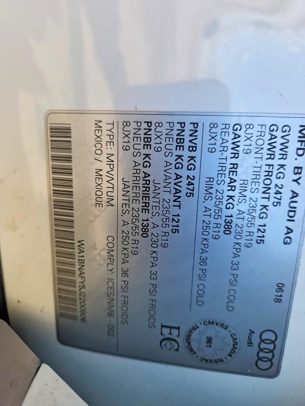Aukcja sprzedaży 2018 Audi Q5, vin: WA1BNAFY5J2200806, numer aukcji: 50054556