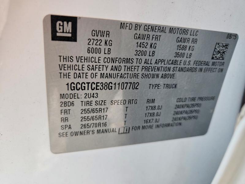 Aukcja sprzedaży 2016 Chevrolet Colorado, vin: 1GCGTCE38G1107702, numer aukcji: 51891046