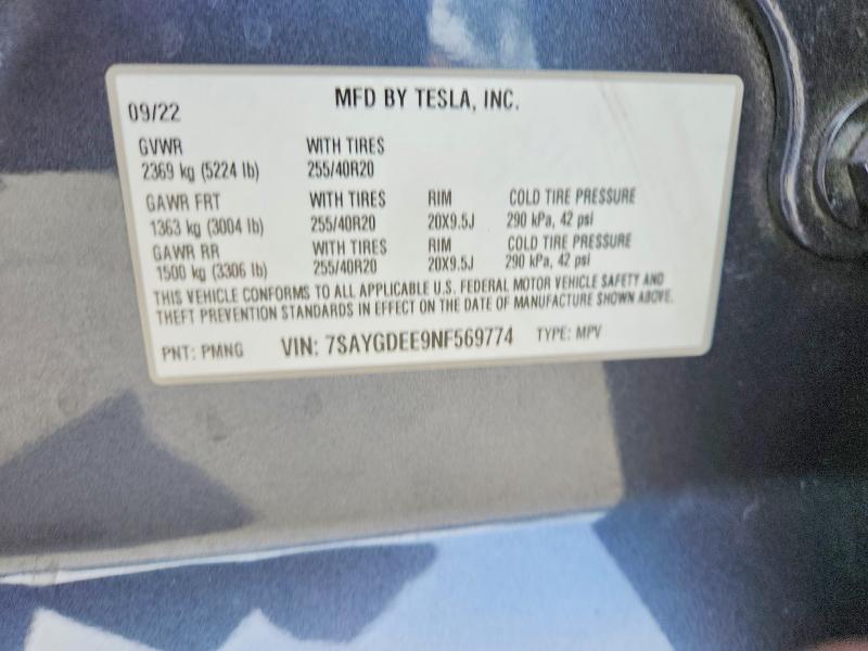 2022 Tesla Model Y მანქანა იყიდება აუქციონზე, vin: 7SAYGDEE9NF569774, აუქციონის ნომერი: 52263026