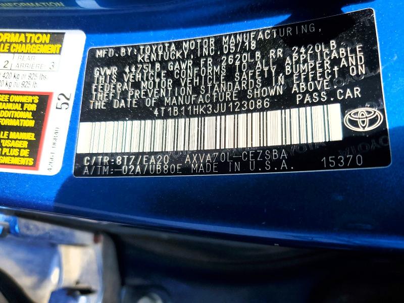 Продаж на аукціоні авто 2018 Toyota Camry, vin: 4T1B11HK3JU123086, номер лоту: 52589516