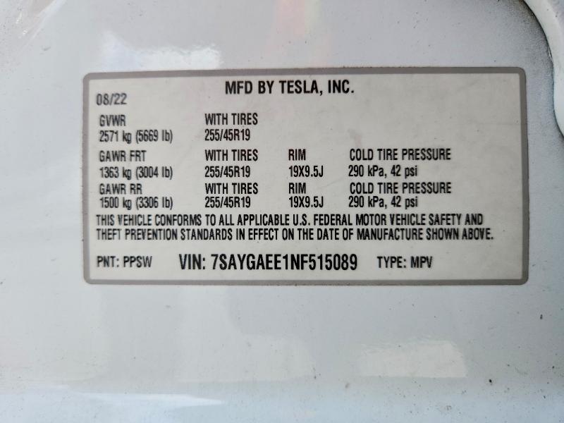 Продаж на аукціоні авто 2022 Tesla Model Y, vin: 7SAYGAEE1NF515089, номер лоту: 55184376