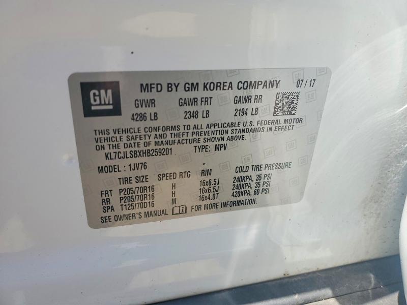 Продаж на аукціоні авто 2017 Chevrolet Trax, vin: KL7CJLSBXHB259201, номер лоту: 55313076