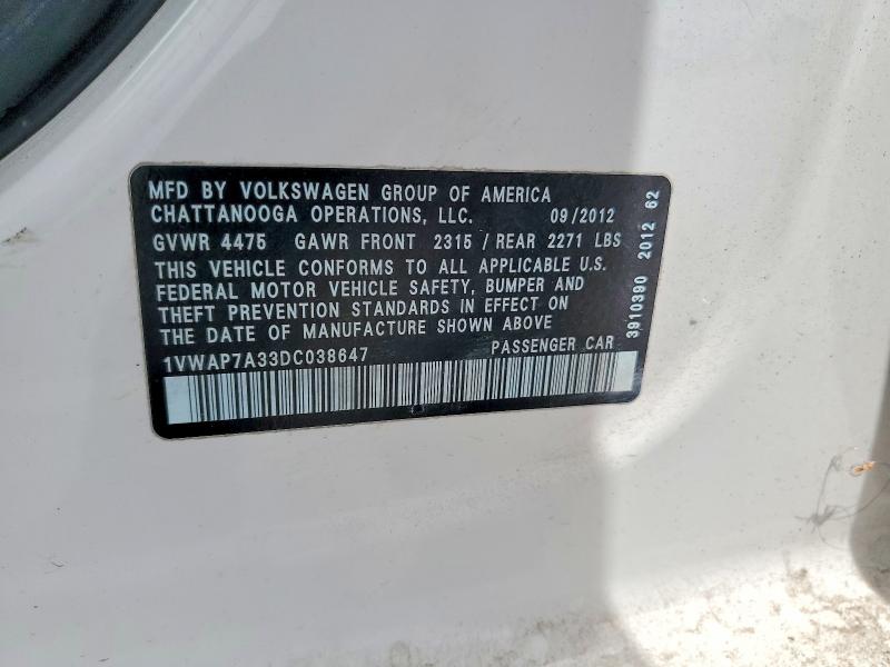 Продажа на аукционе авто 2013 Volkswagen Passat, vin: 1VWAP7A33DC038647, номер лота: 54471176