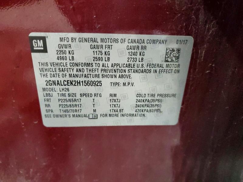 2017 Chevrolet Equinox მანქანა იყიდება აუქციონზე, vin: 2GNALCEK2H1560925, აუქციონის ნომერი: 53897916