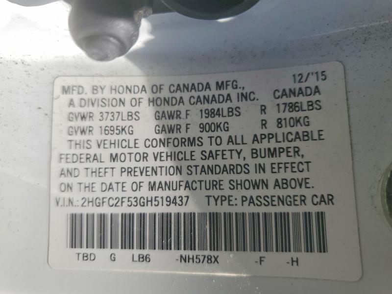2016 Honda Civic მანქანა იყიდება აუქციონზე, vin: 2HGFC2F53GH519437, აუქციონის ნომერი: 54435446