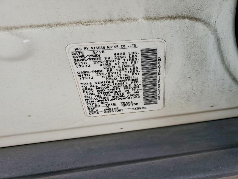 54459186 :رقم المزاد ، JN8AT2MT2GW001089 vin ، 2016 Nissan Rogue مزاد بيع