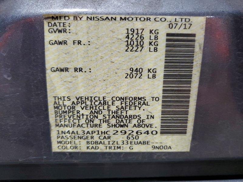 Aukcja sprzedaży 2017 Nissan Altima, vin: 1N4AL3AP1HC292640, numer aukcji: 52940986