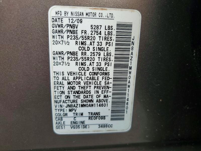 53660836 :رقم المزاد ، JN8AZ1MW0AW114601 vin ، 2010 Nissan Murano مزاد بيع