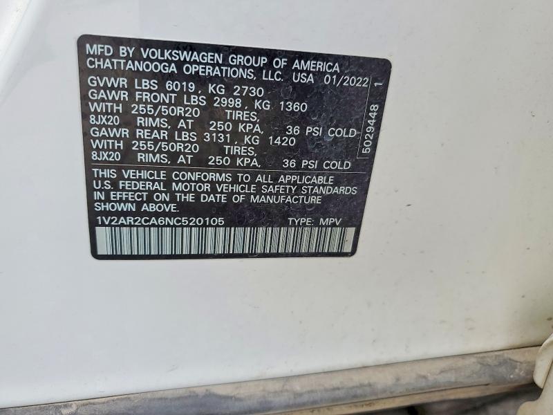 Продажа на аукционе авто 2022 Volkswagen Atlas, vin: 1V2AR2CA6NC520105, номер лота: 54293986