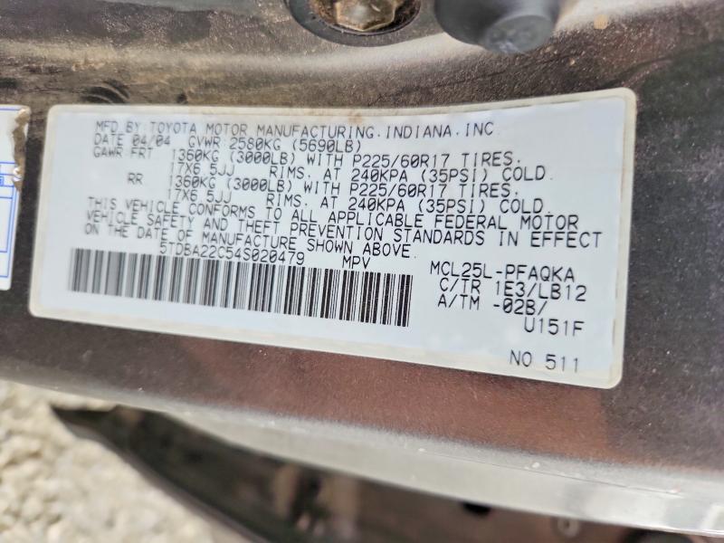 53471316 :رقم المزاد ، 5TDBA22C54S020479 vin ، 2004 Toyota Sienna مزاد بيع