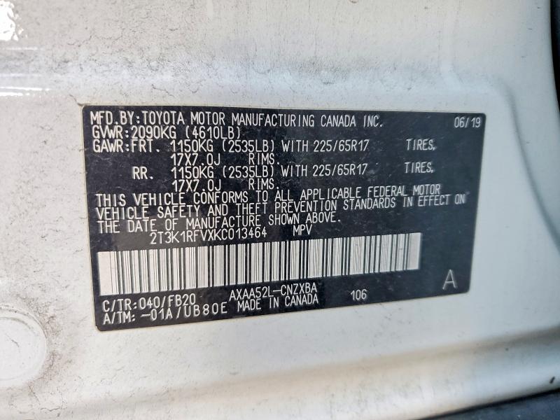 2019 Toyota Rav4 მანქანა იყიდება აუქციონზე, vin: 2T3K1RFVXKC013464, აუქციონის ნომერი: 55107576