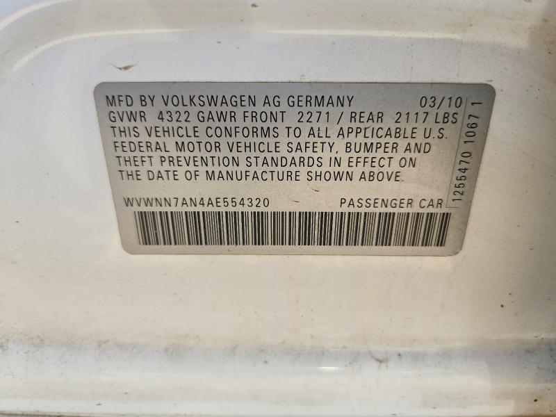 2010 Volkswagen Cc მანქანა იყიდება აუქციონზე, vin: WVWNN7AN4AE554320, აუქციონის ნომერი: 54161996