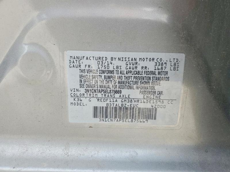 Aukcja sprzedaży 2014 Nissan Versa, vin: 3N1CN7AP5EL875669, numer aukcji: 53798646