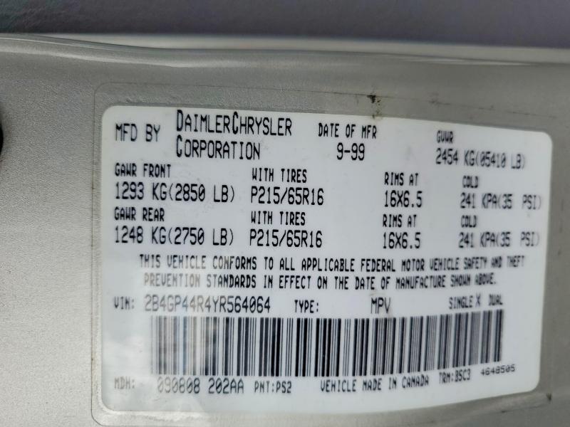 53418746 :رقم المزاد ، 2B4GP44R4YR564064 vin ، 2000 Dodge Grand Caravan مزاد بيع