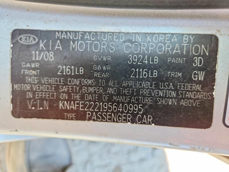 Aukcja sprzedaży 2009 Kia Spectra, vin: KNAFE222195640995, numer aukcji: 54131436