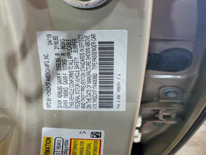Продаж на аукціоні авто 2019 Honda Accord, vin: 1HGCV1F17KA093683, номер лоту: 53016216
