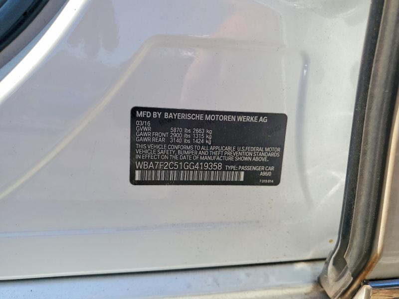 Aukcja sprzedaży 2016 Bmw 750, vin: WBA7F2C51GG419358, numer aukcji: 52304096