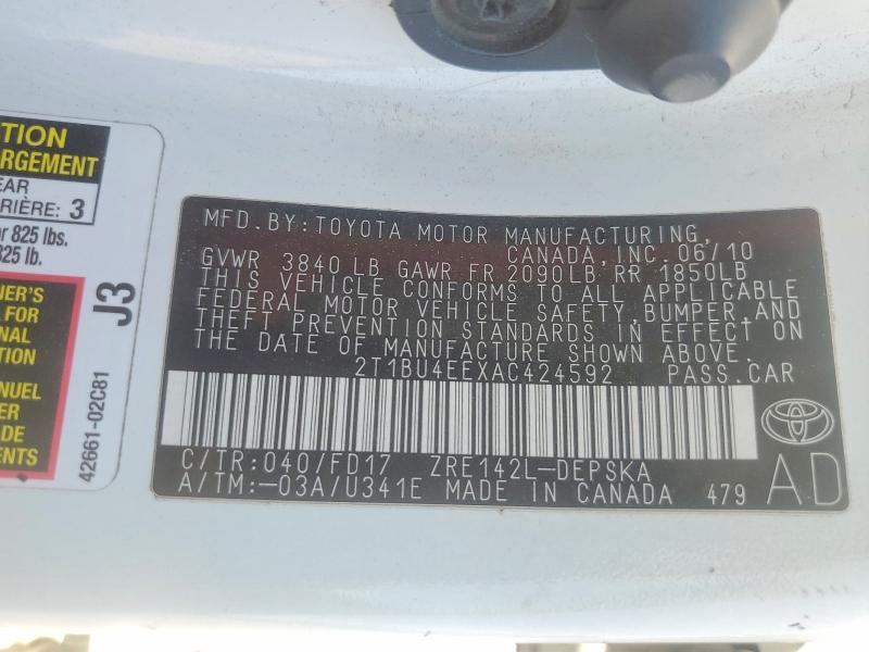 2010 Toyota Corolla მანქანა იყიდება აუქციონზე, vin: 2T1BU4EEXAC424592, აუქციონის ნომერი: 53003836