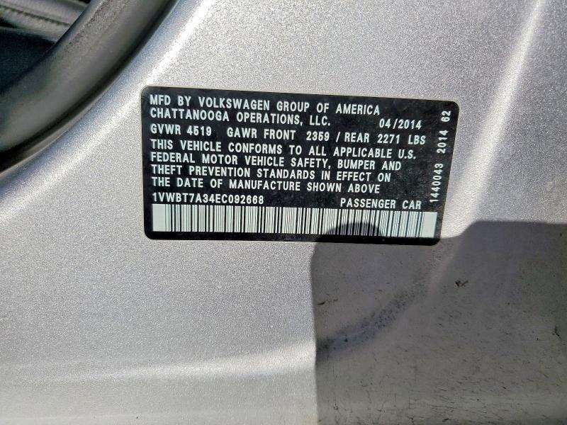 50987586 :رقم المزاد ، 1VWBT7A34EC092668 vin ، 2014 Volkswagen Passat مزاد بيع