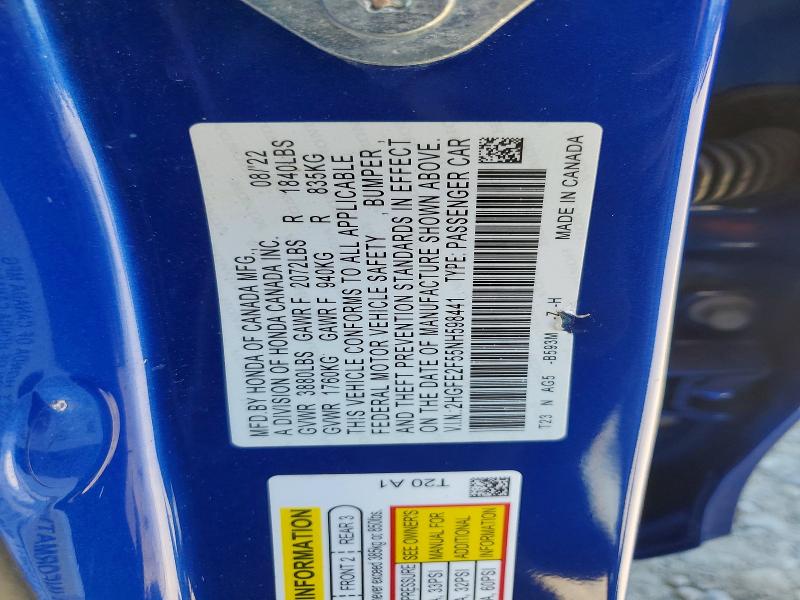 54544276 :رقم المزاد ، 2HGFE2F55NH598441 vin ، 2022 Honda Civic مزاد بيع