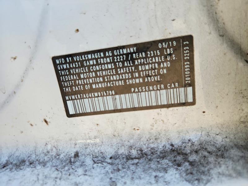54981606 :رقم المزاد ، WVWKR7AU4KW915796 vin ، 2019 Volkswagen E-golf مزاد بيع